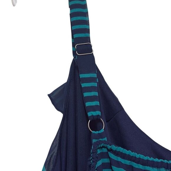 Faded Glory 2X Blue Green Stripe Ruffle Front Ruched Waist Maxi Dress Preppy - Picture 6 of 12